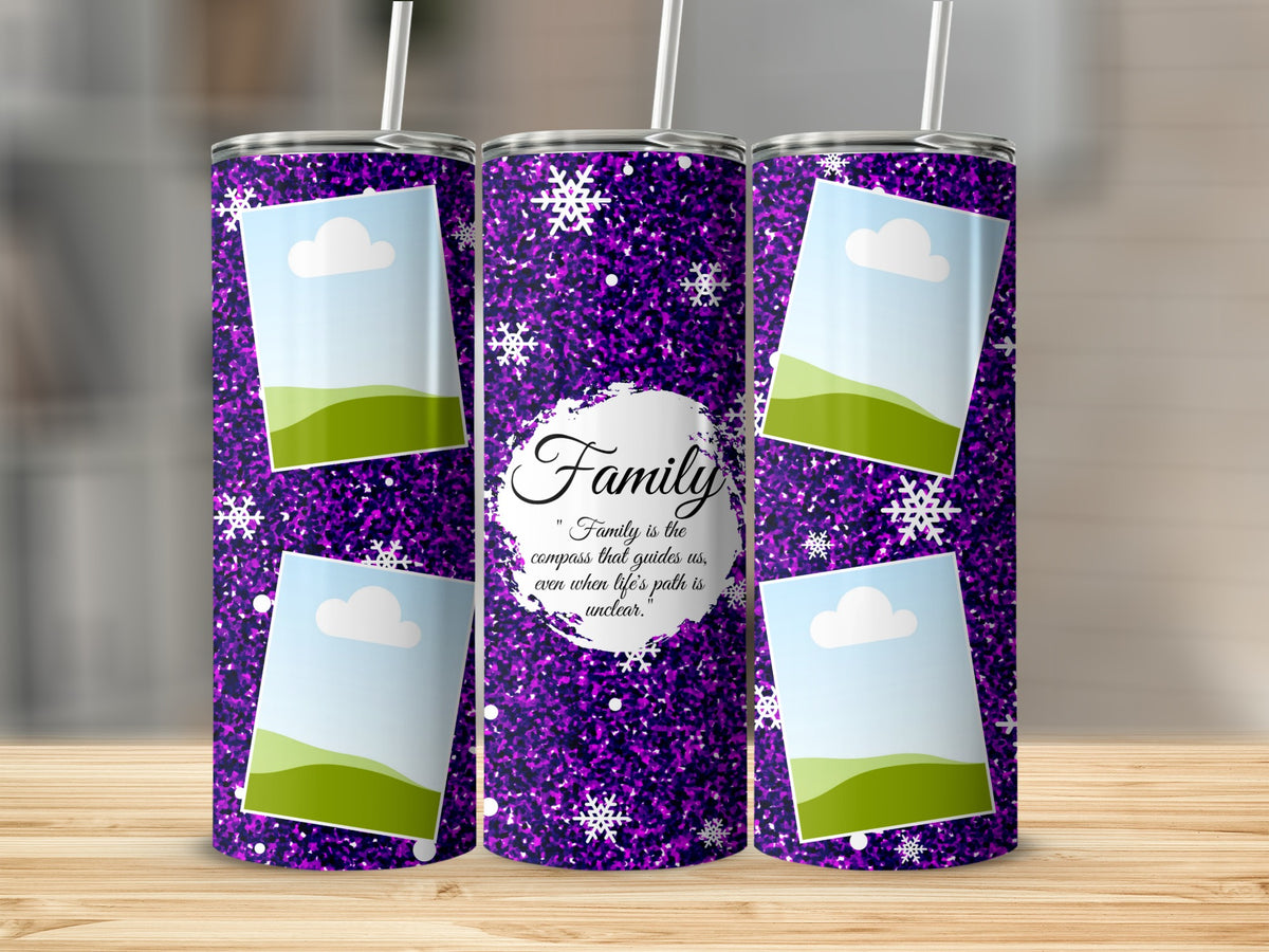 Three purple glitter tumblers with snowflakes and "Family" quote.