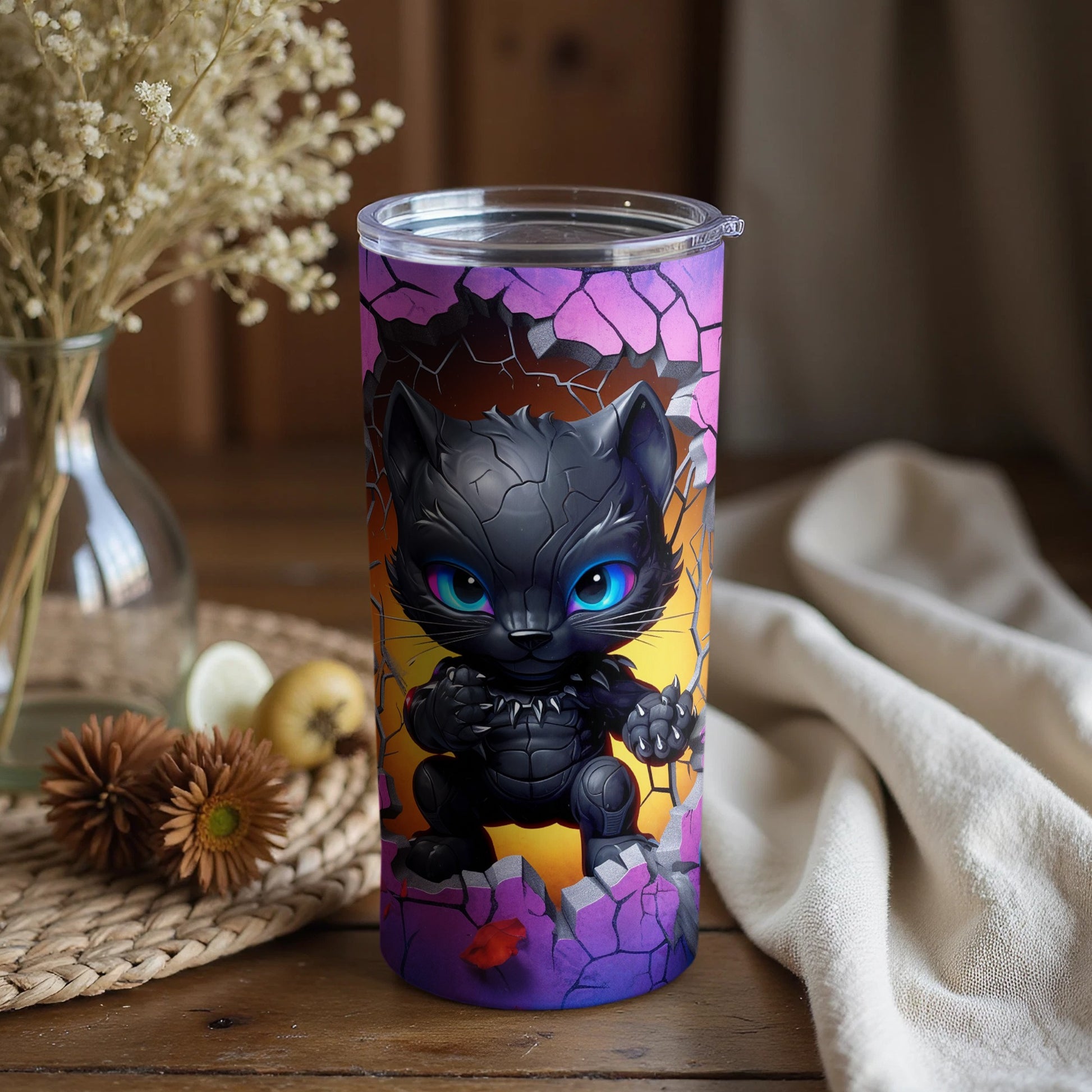 Cute Black Panther Tumbler with Colorful Broken Wall Art