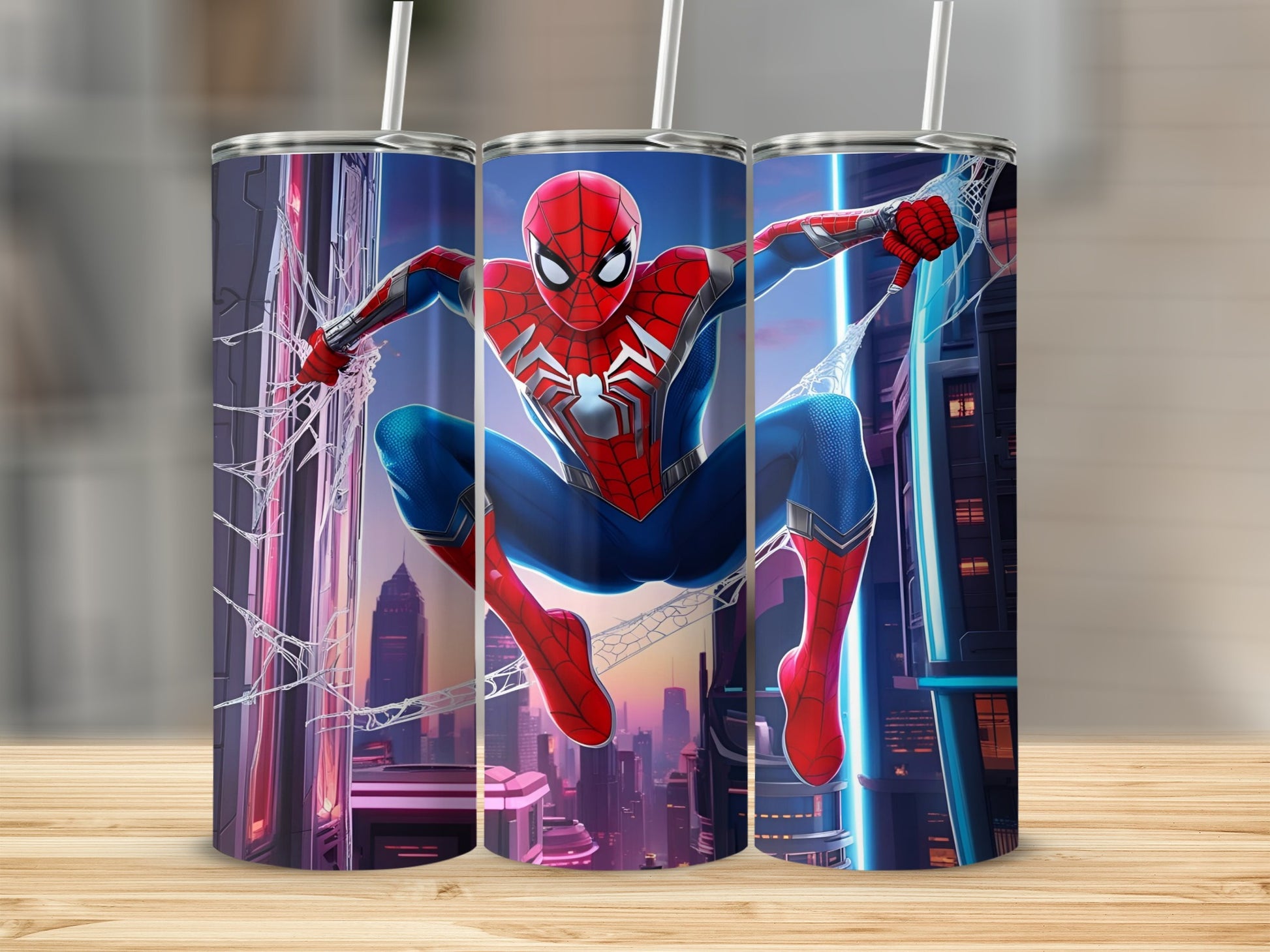 Spider-Man leaping from buildings in a city at night, on a tumbler.