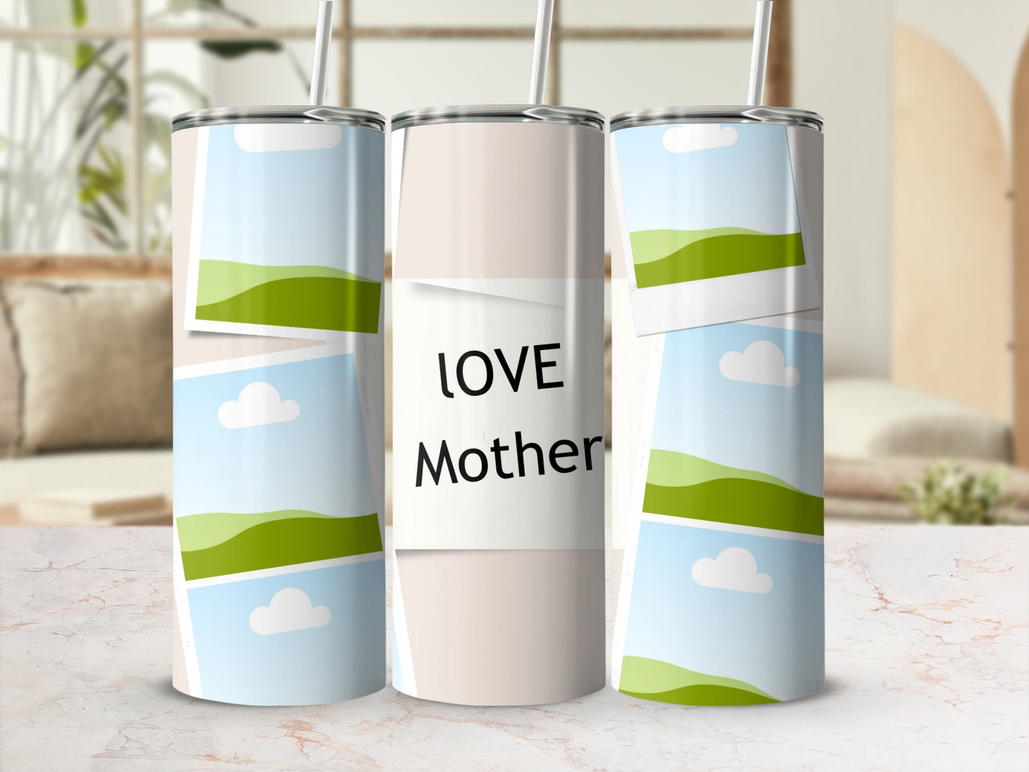 Three tumblers with "LOVE Mother" text and stacked photo frames of landscapes.