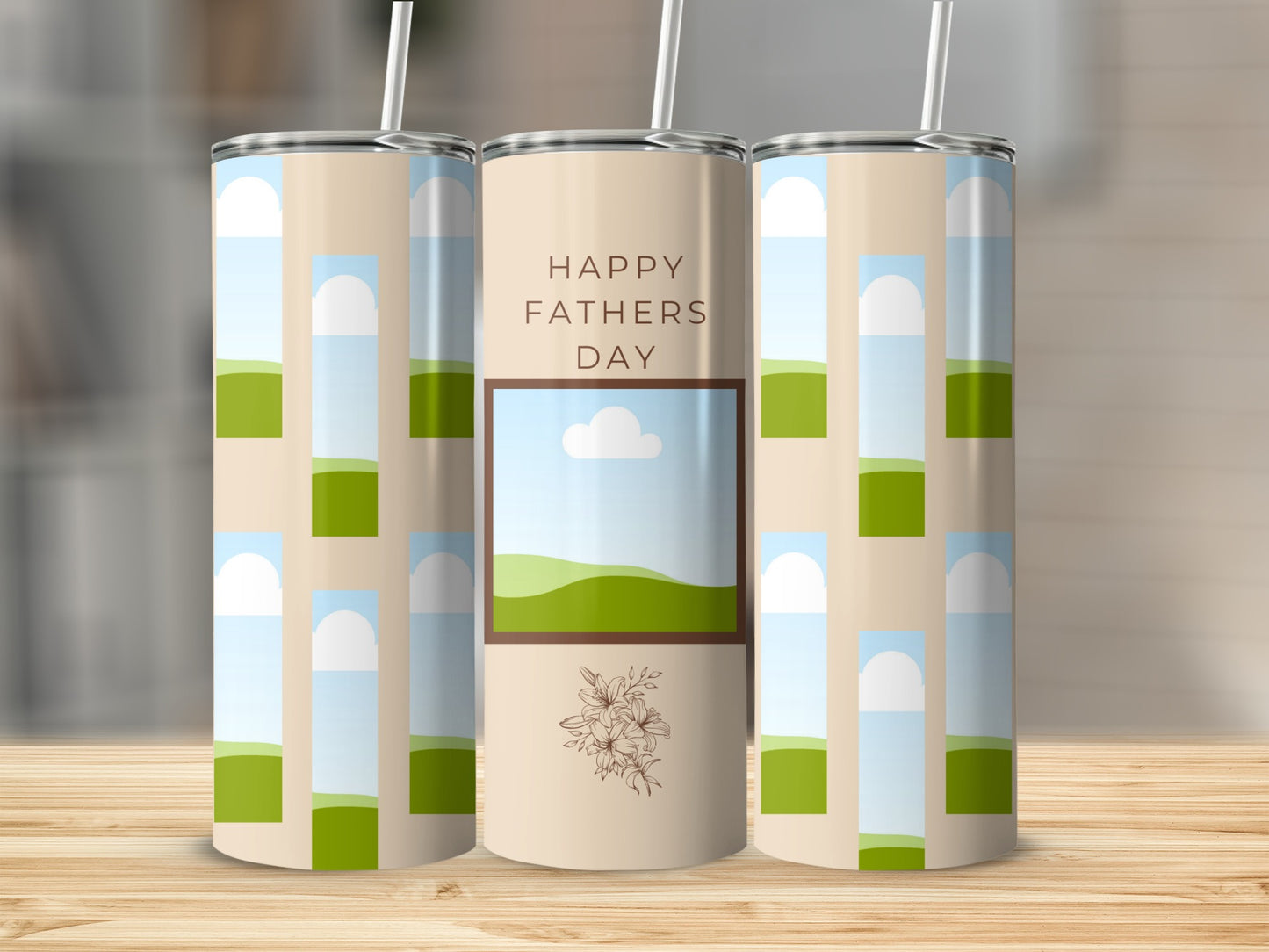 Three tumblers with a "Happy Fathers Day" design featuring a landscape photo and floral illustration.