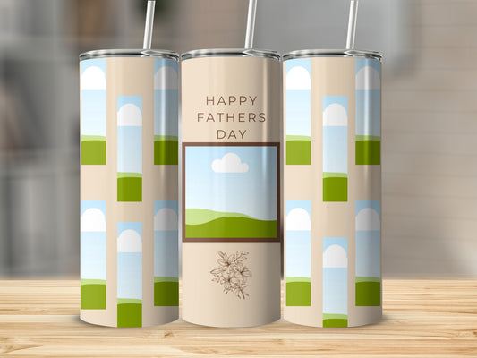 Three tumblers with a "Happy Fathers Day" design featuring a landscape photo and floral illustration.