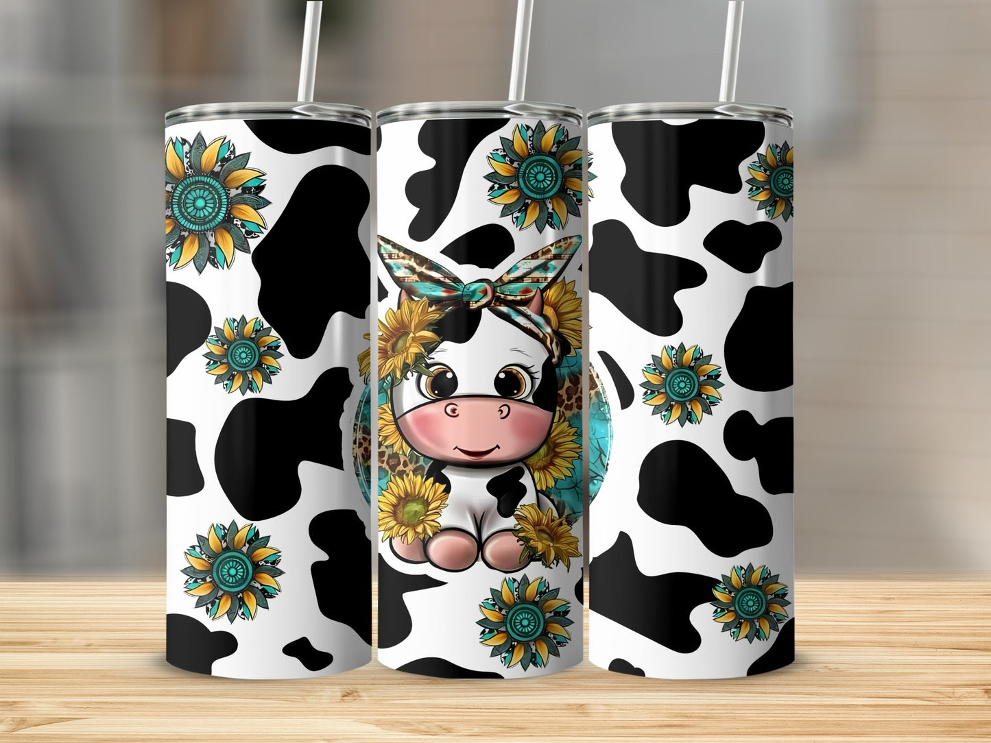 Adorable Cow and Sunflower Print Tumbler with Straw