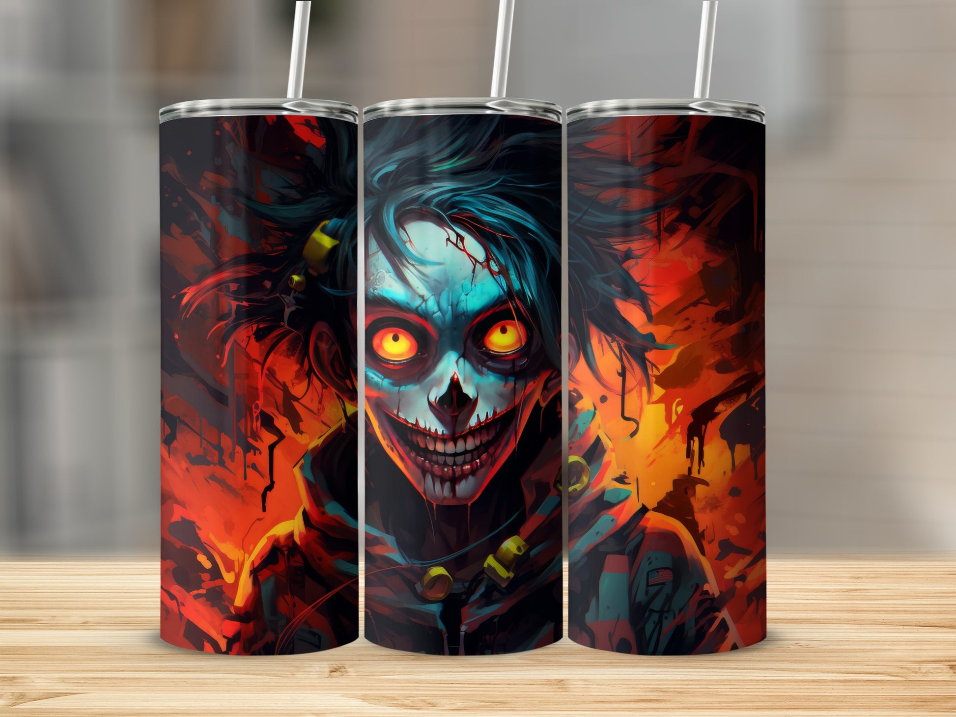 Tumbler with creepy clown face design in red and blue abstract art.