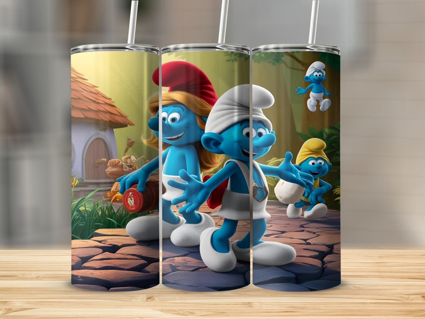 Smurfs characters Papa Smurf, Smurfette, and Hefty Smurf on cobblestone path.