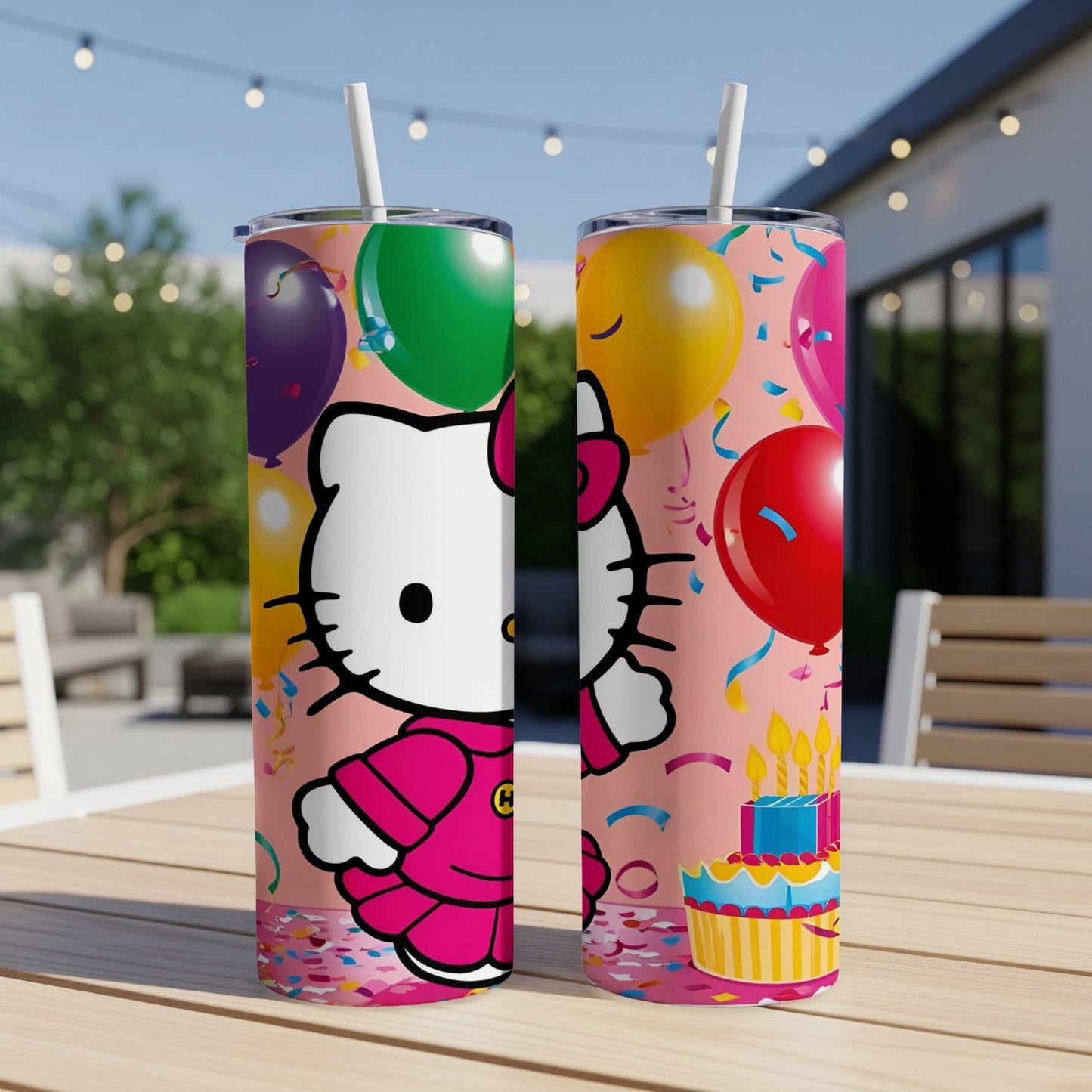 Hello Kitty tumbler with balloons and birthday cake.