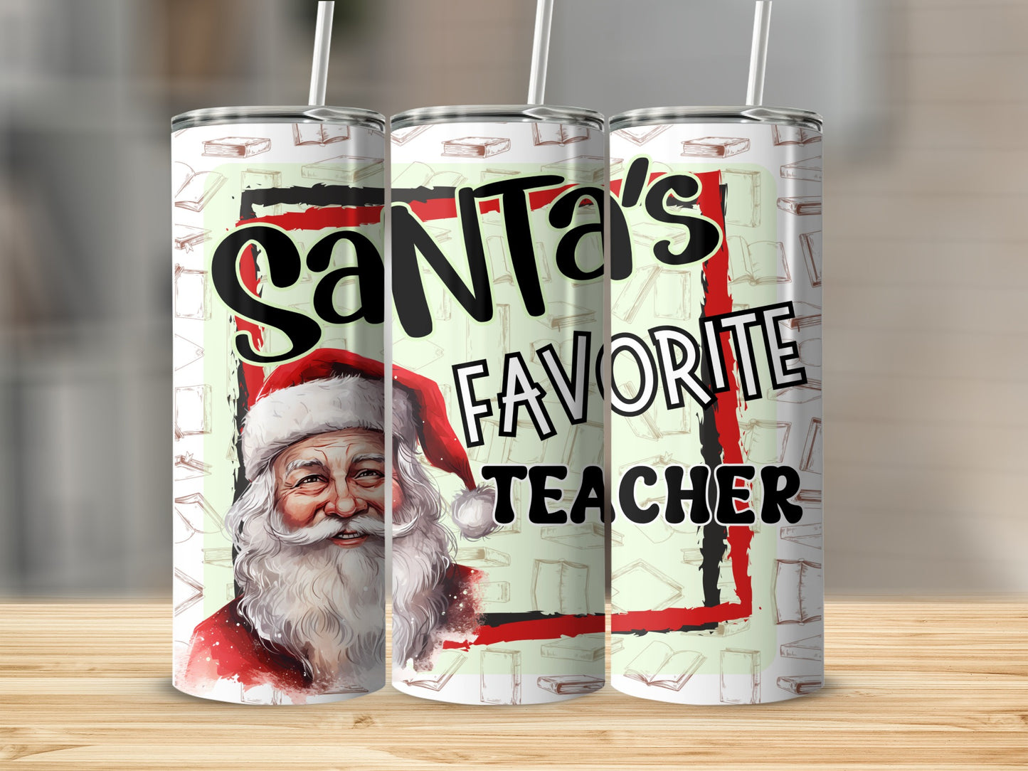 Santa's Favorite Teacher tumbler with Santa Claus and books design.