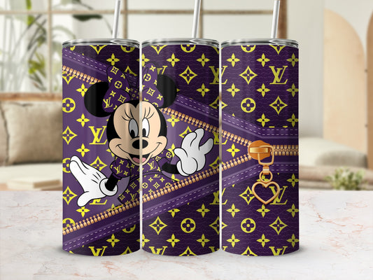 Minnie Mouse on purple background with LV pattern and gold zipper detail.