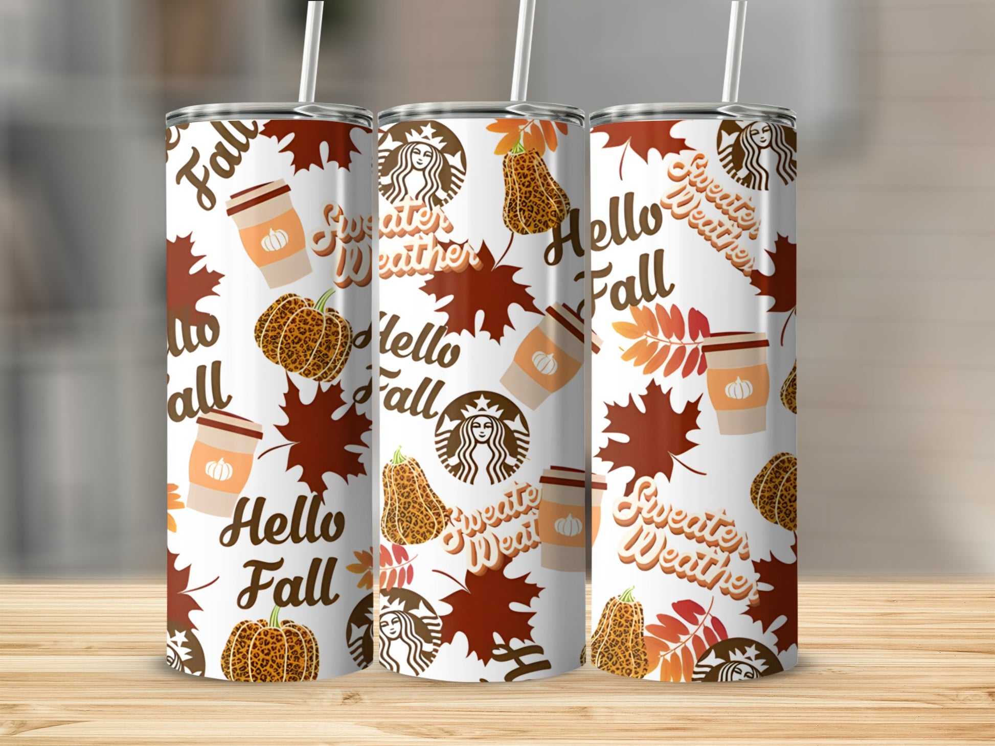 Tumblers with "Hello Fall" and "Sweater Weather" text, pumpkin, and leaf motifs.