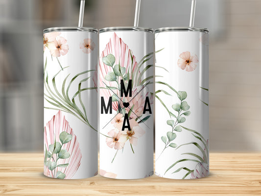Three tumblers with floral and palm leaf designs, text "MAMA".