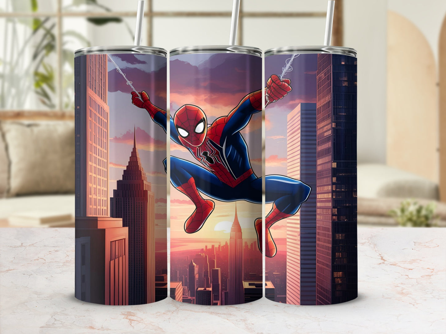 Spiderman swinging through a city at sunset, on a cylindrical tumbler.