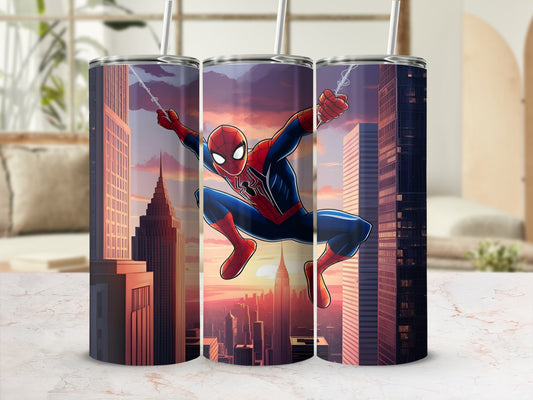 Spiderman swinging through a city at sunset, on a cylindrical tumbler.