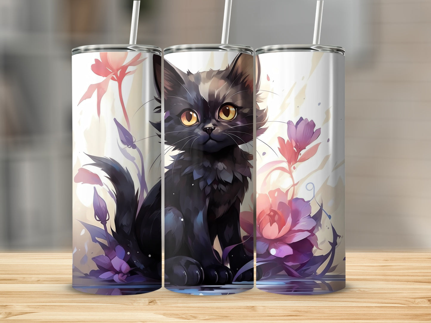 Cute Black Cat Pink Purple Floral Tumbler Design Product Type