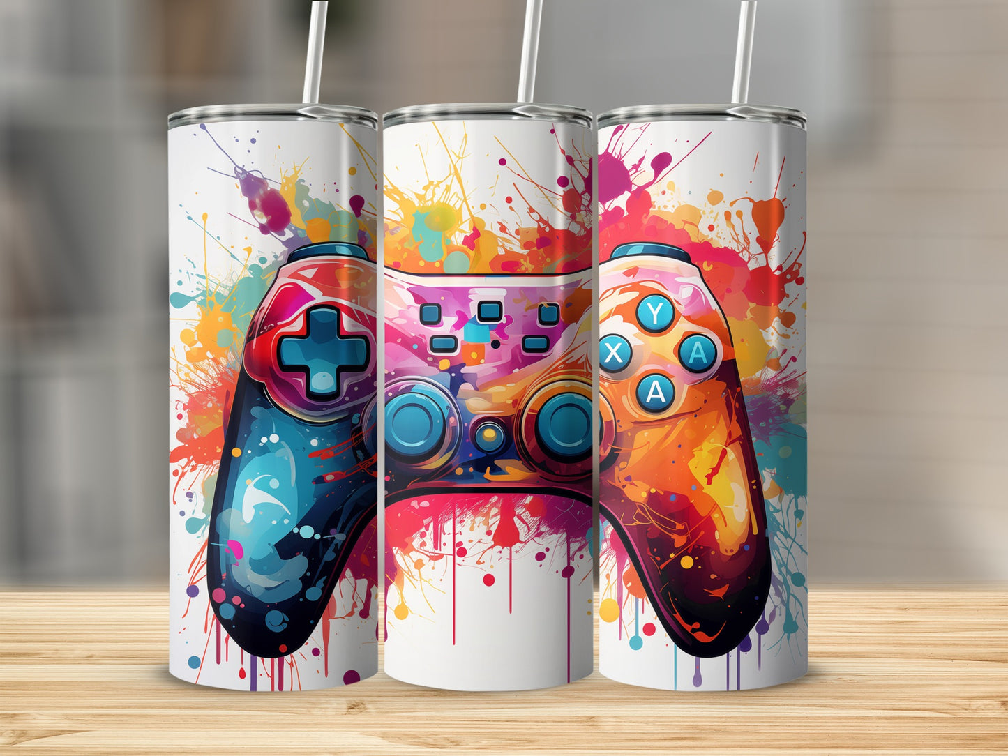 Colorful abstract paint splatter across three video game controllers.