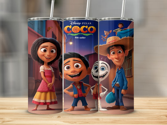 Coco movie characters Miguel, Hector, and Ximena on a tumbler.