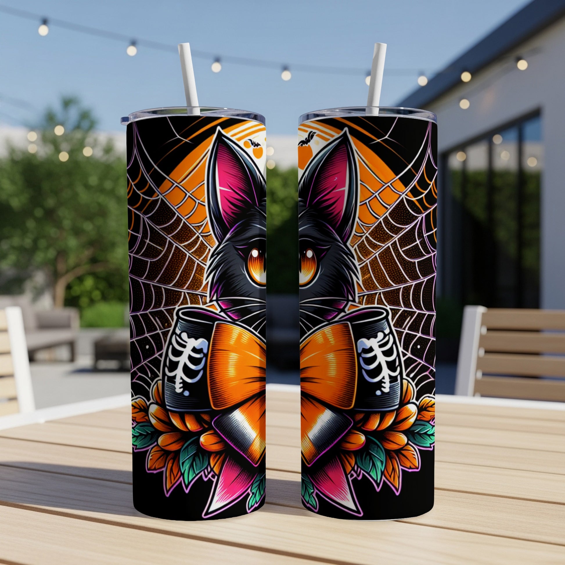 Two Halloween-themed tumblers with black cats, spiderwebs, and skeletal elements.