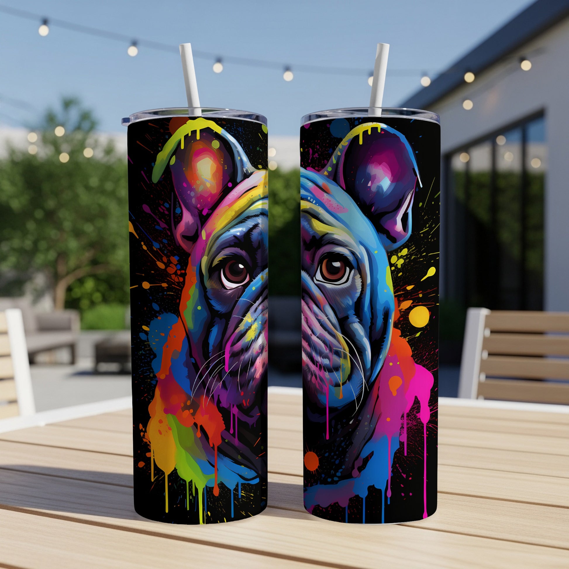 Vibrant abstract French Bulldog artwork on two black tumblers.