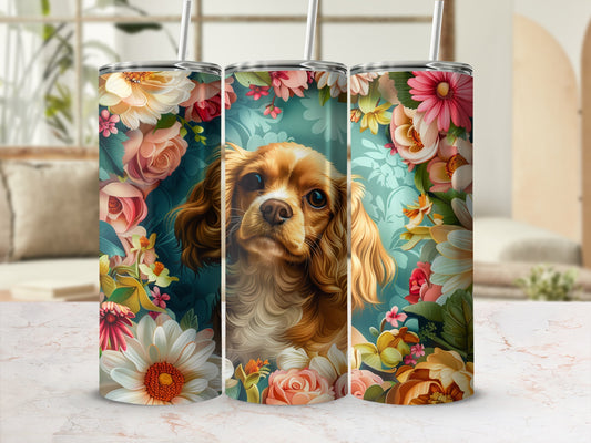 Tuscan floral tumbler with King Charles Cavalier Spaniel dog portrait.