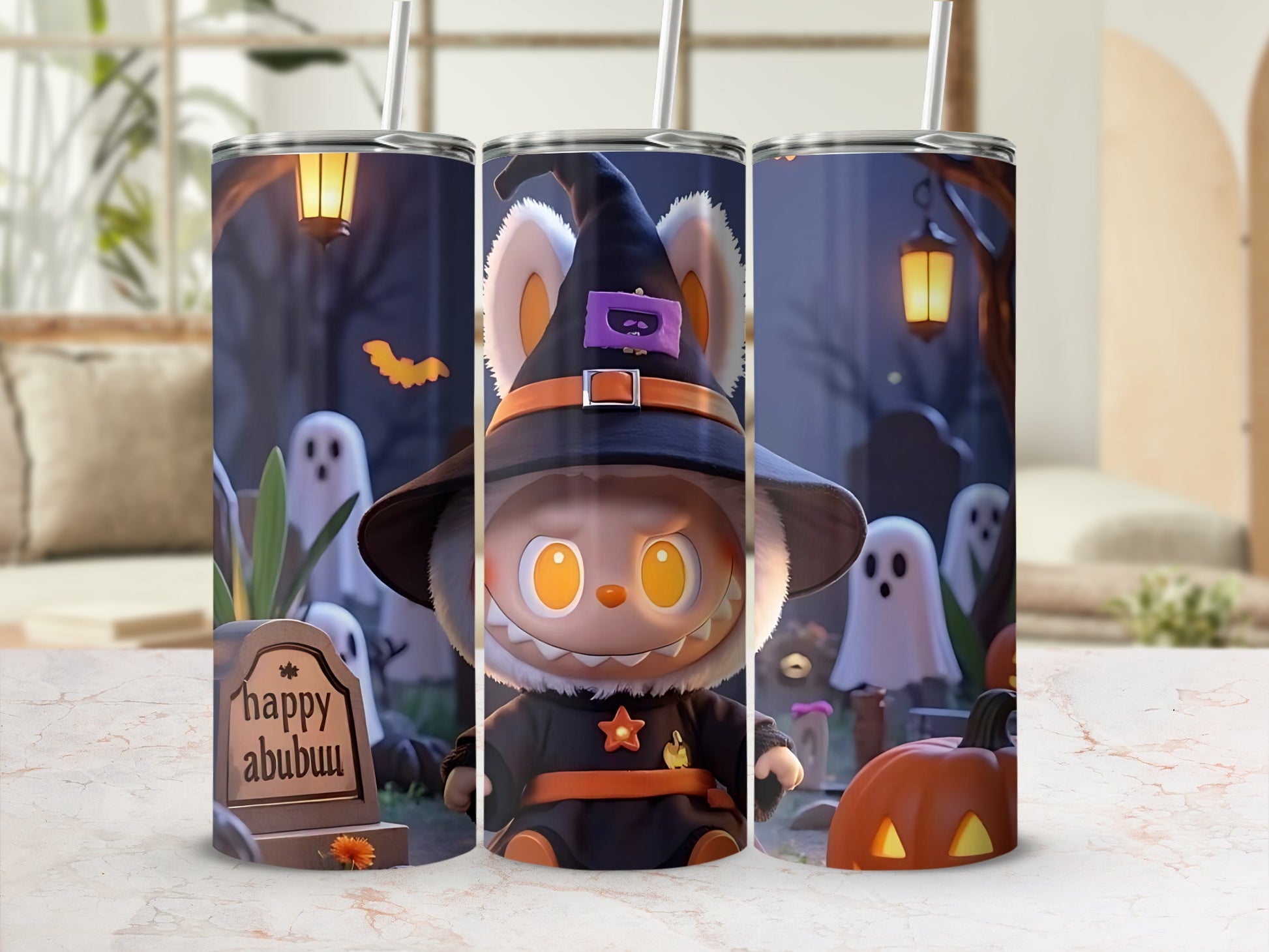 Halloween Cat Witch Themed Tumbler with Cute Ghosts Scene