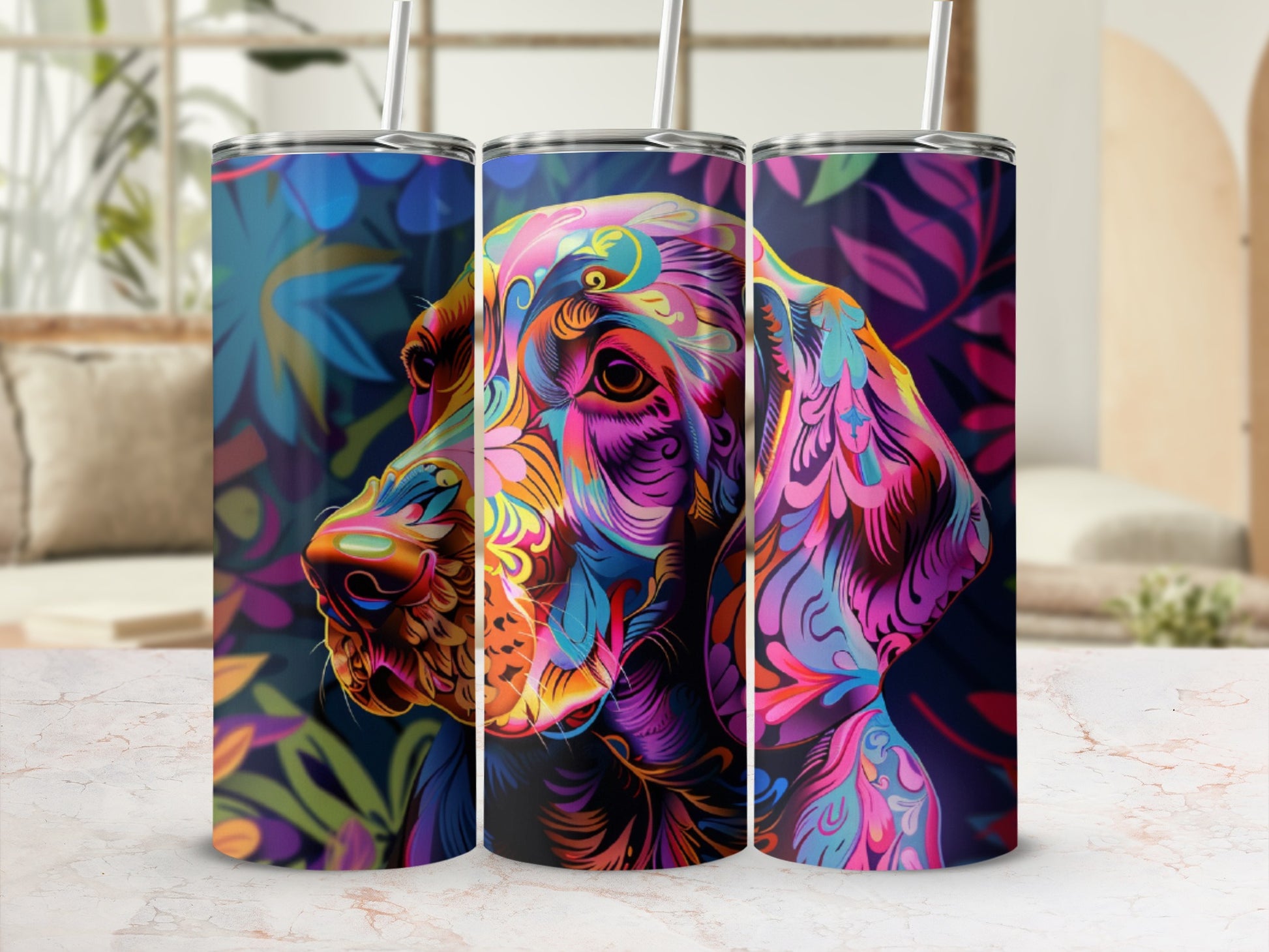 Colorful abstract dog portrait on a tumbler with floral background.