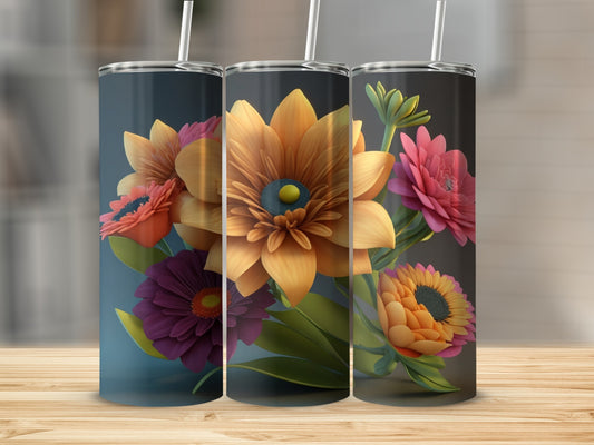 Three tumblers with floral designs, on a wooden surface.