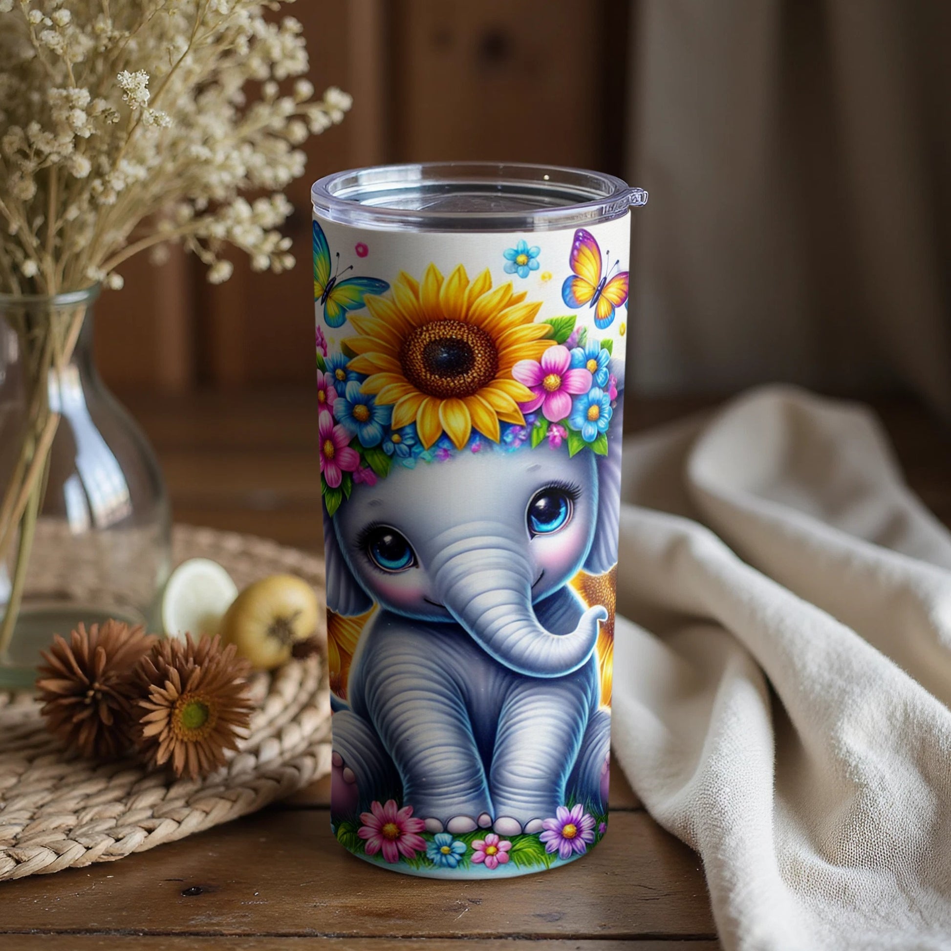 Cute Elephant with Sunflowers and Butterflies Tumbler