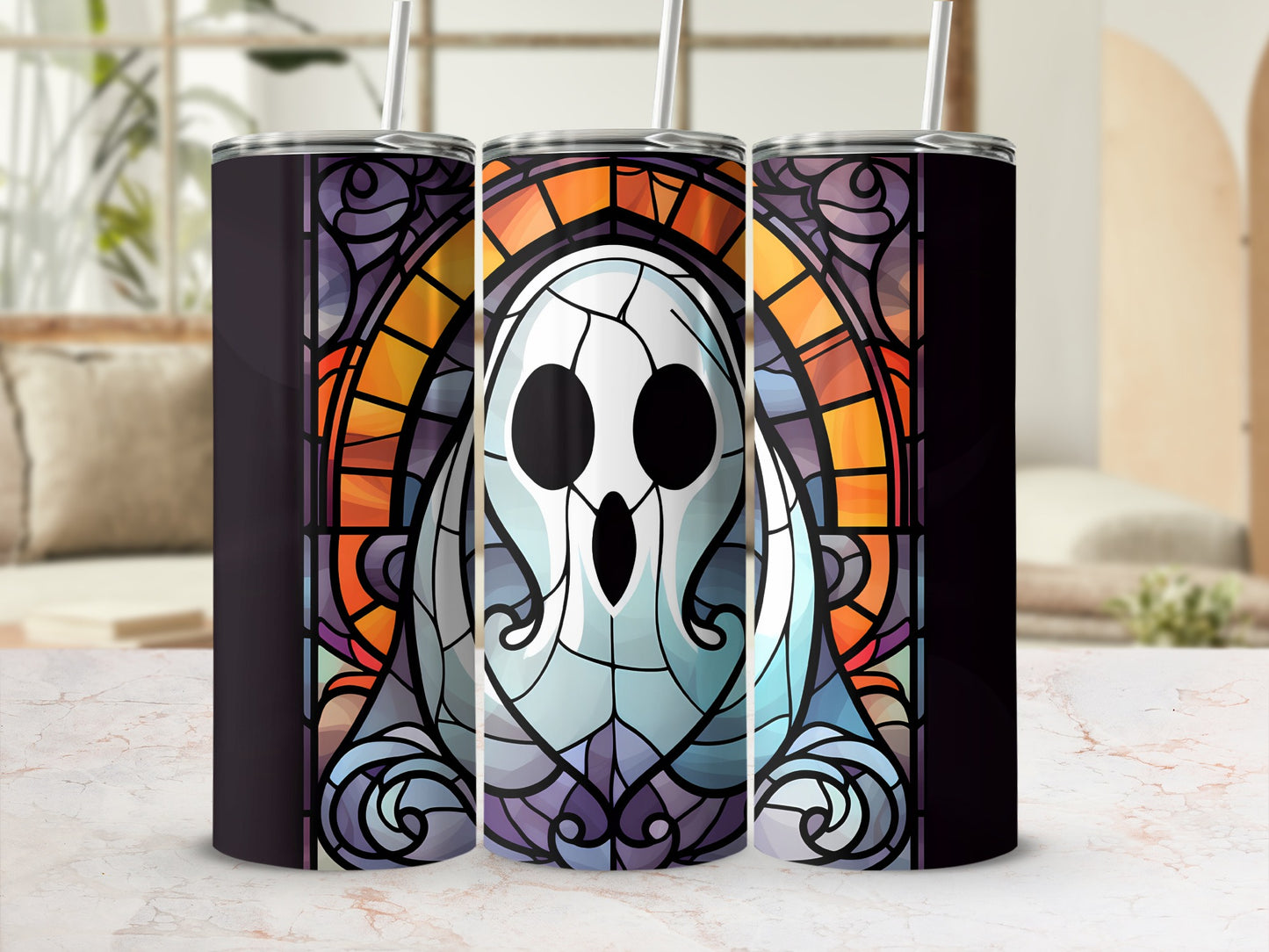 Three stained-glass style tumblers featuring a cartoon ghost design.