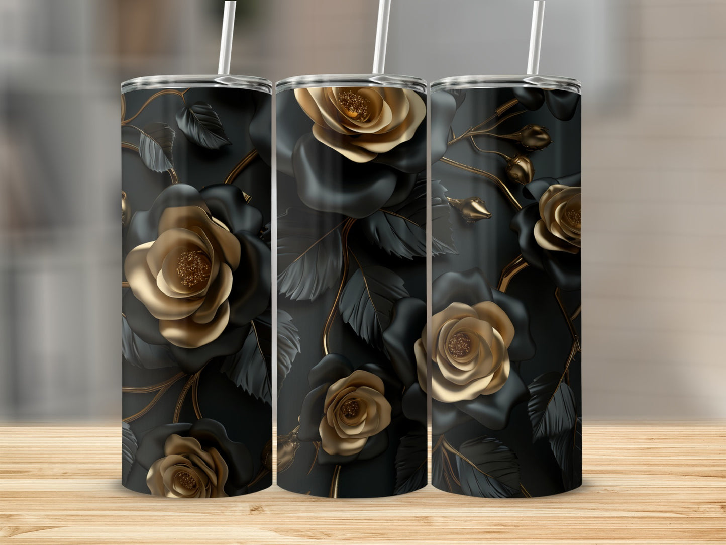 Three tumblers with black and gold rose floral design.
