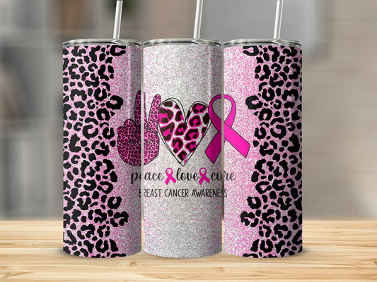 Pink glitter tumbler with leopard print and breast cancer awareness ribbon.
