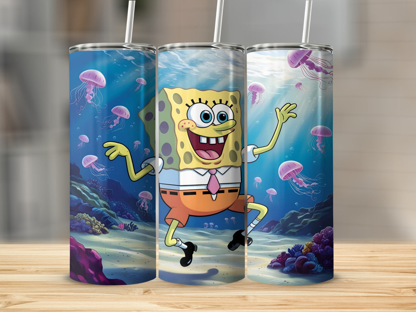 Spongebob Squarepants with jellyfish underwater, cartoon art.