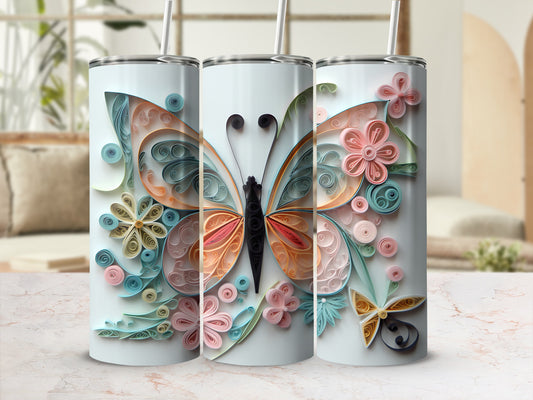 Tall, insulated tumbler featuring a quilled paper butterfly and floral design.