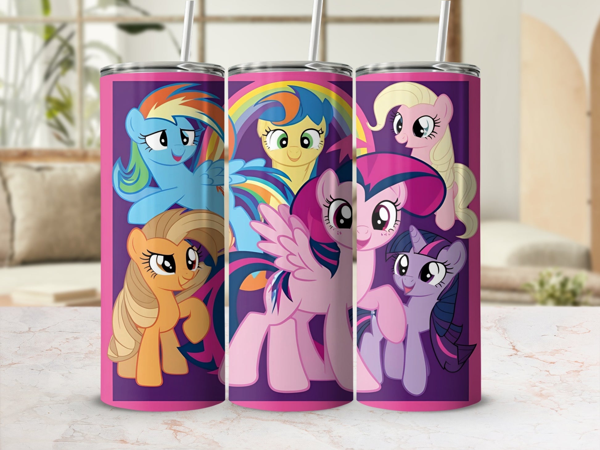 My Little Pony characters Rainbow Dash, Pinkie Pie, Twilight Sparkle, and Rarity on a purple tumbler.