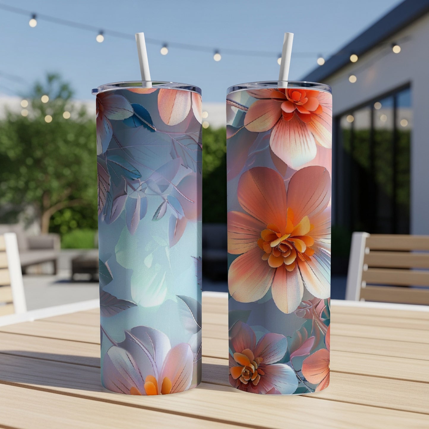 Two tumblers with floral patterns sit on a wooden table outdoors.