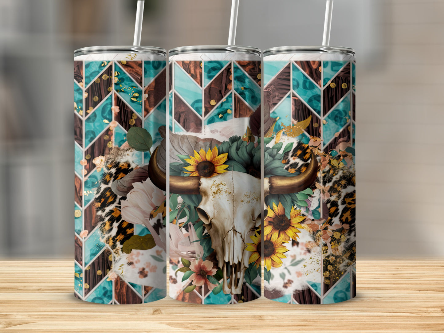 Boho cow skull with sunflowers and floral pattern on tumbler.