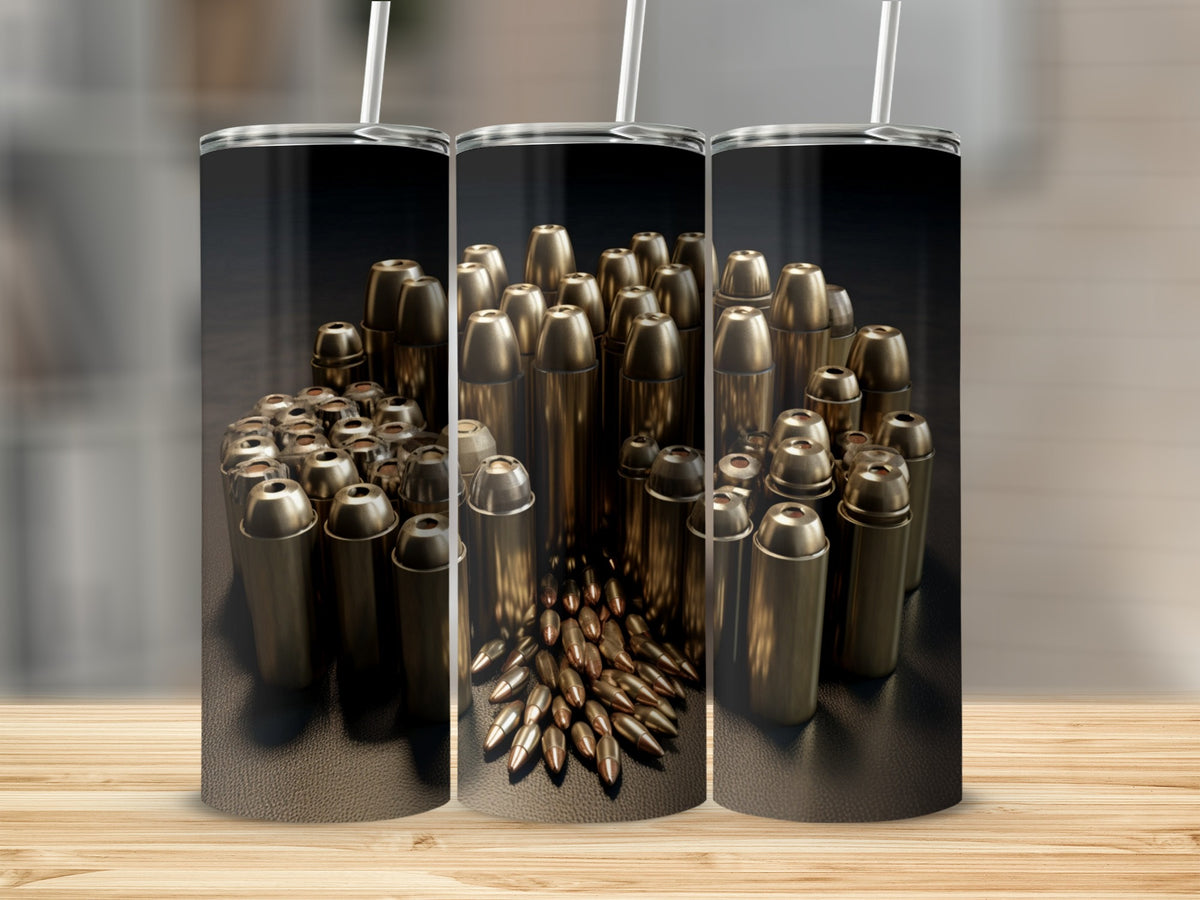 Triptych of tumblers featuring a design of assorted brass bullet casings and projectiles.