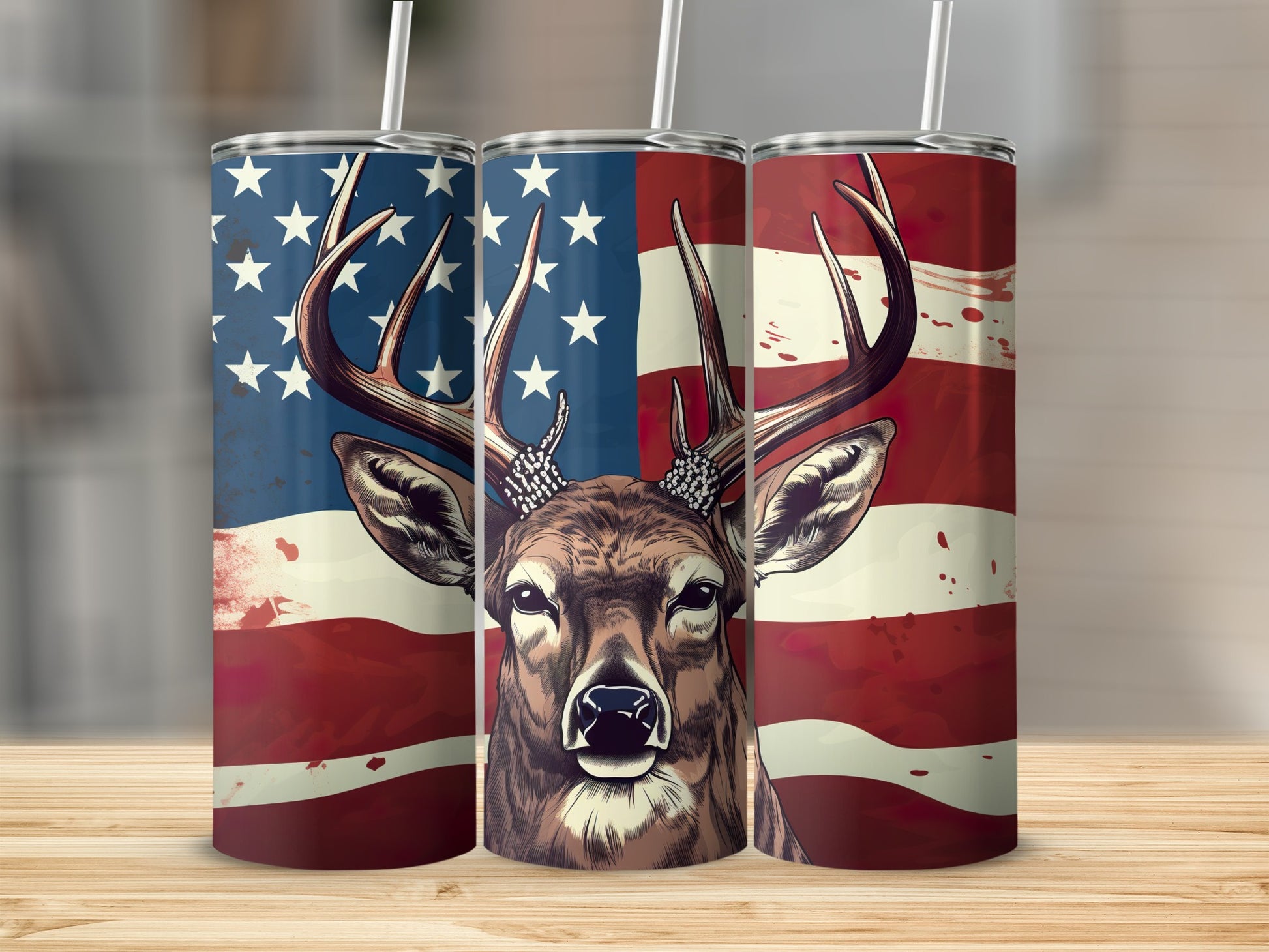 Deer head on patriotic American flag tumbler.