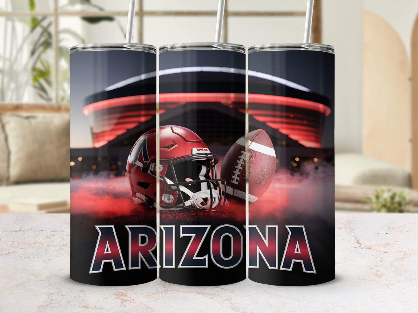 Arizona Cardinals football helmet and ball on a tumbler.