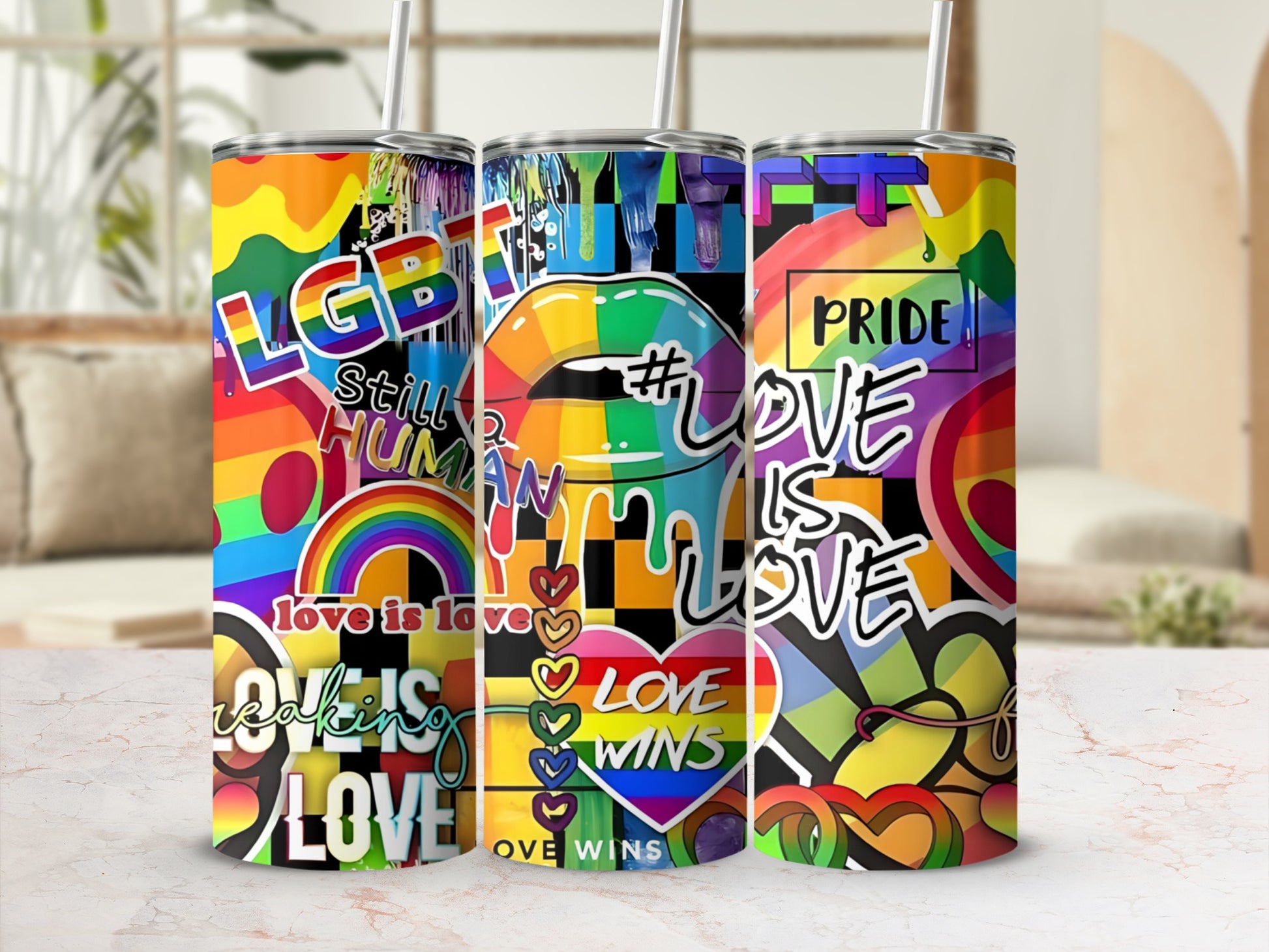 Colorful tumbler with LGBTQ+ pride theme and text "Love is Love", "Pride", "Love Wins".