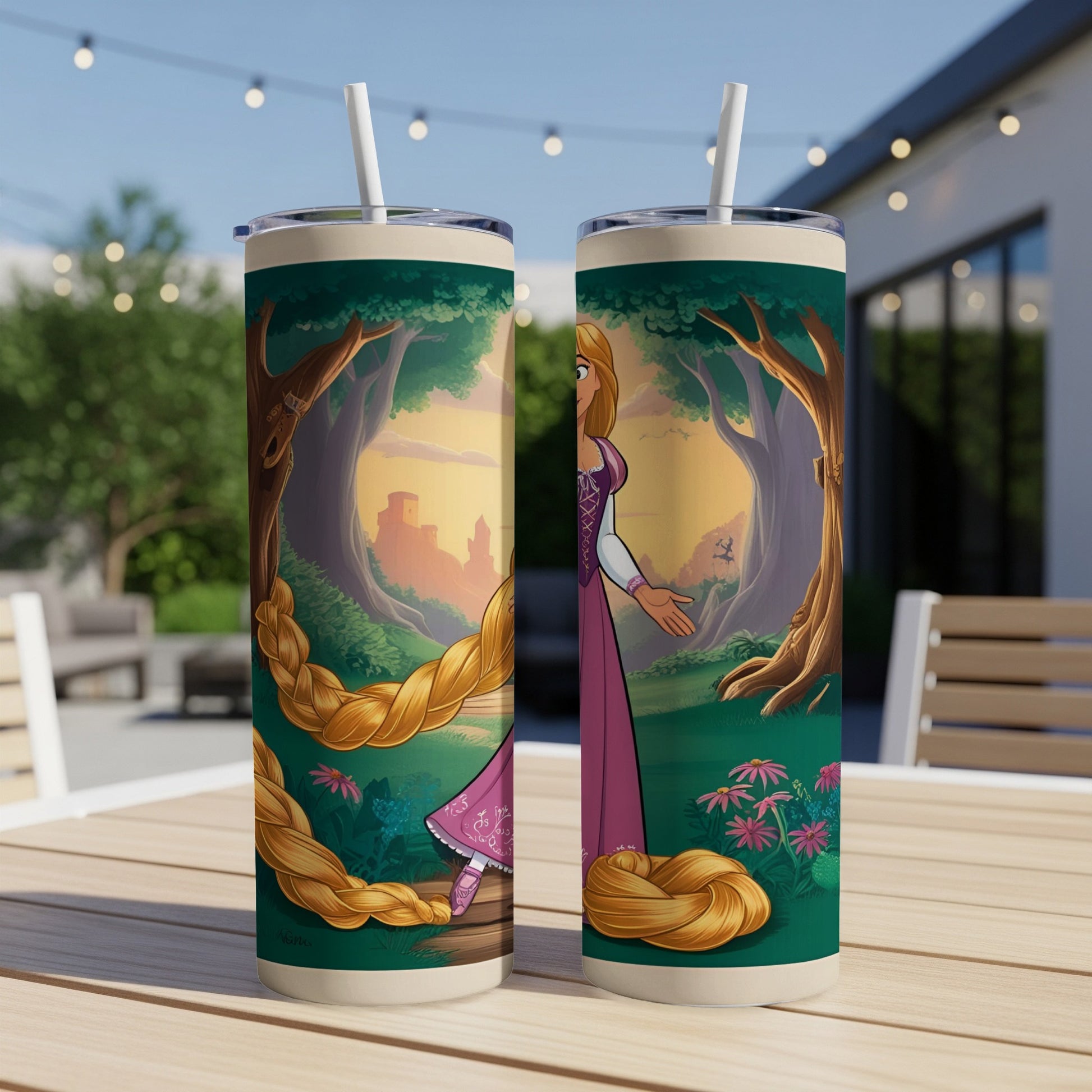 Rapunzel with long braided hair in a purple dress, on a tumbler.