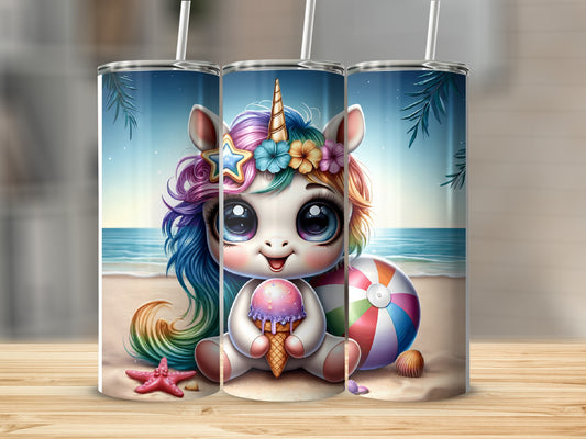 Cute cartoon unicorn holding ice cream on beach with beach ball.