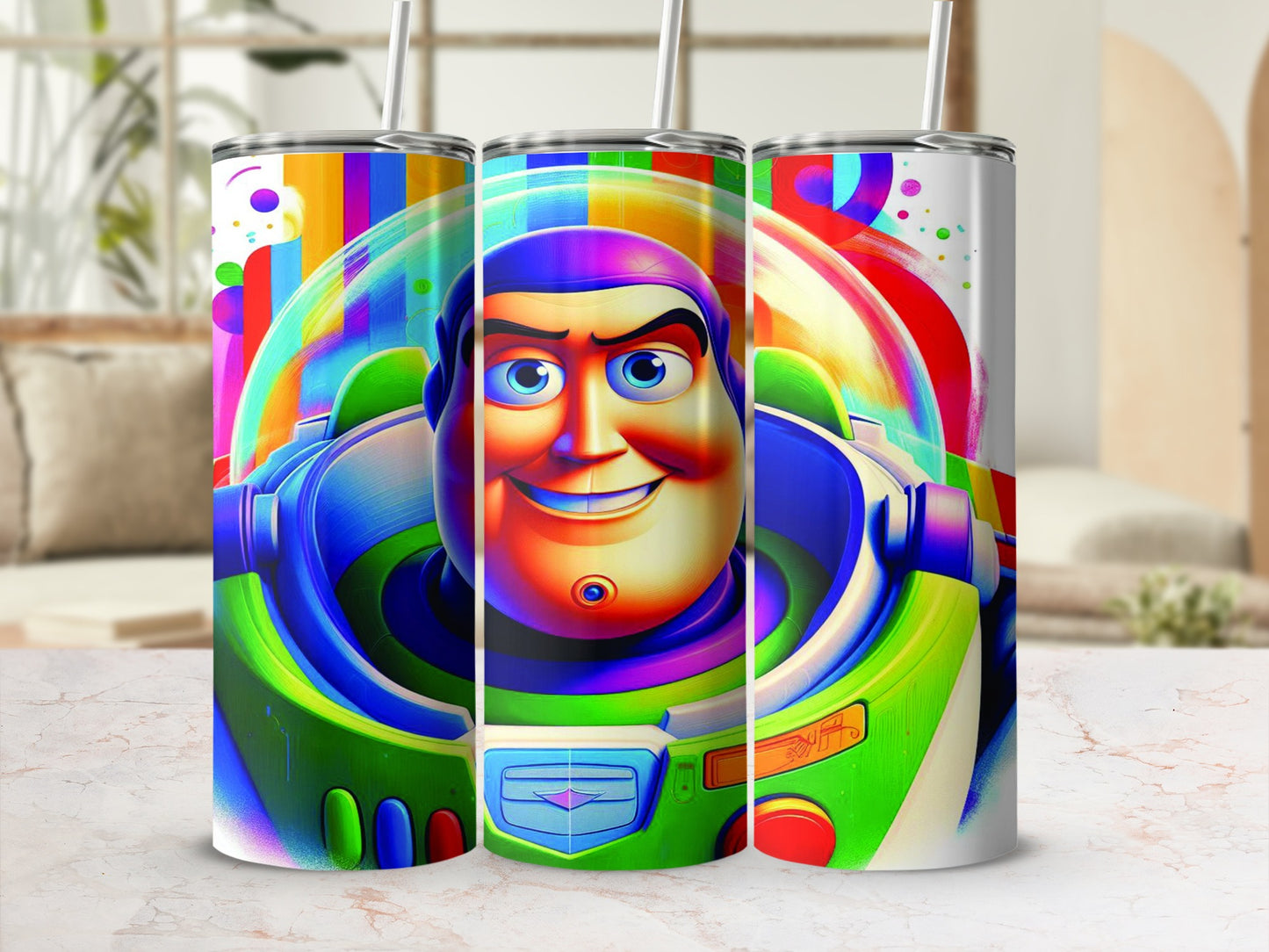 Buzz Lightyear's smiling face in a colorful, abstract background.