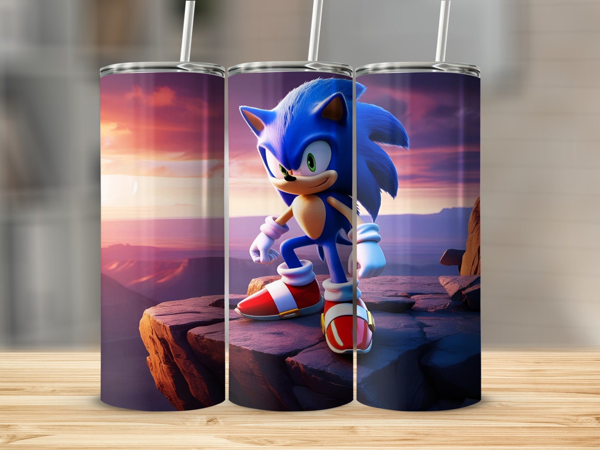 Sonic the Hedgehog standing on a cliff overlooking a canyon at sunset.