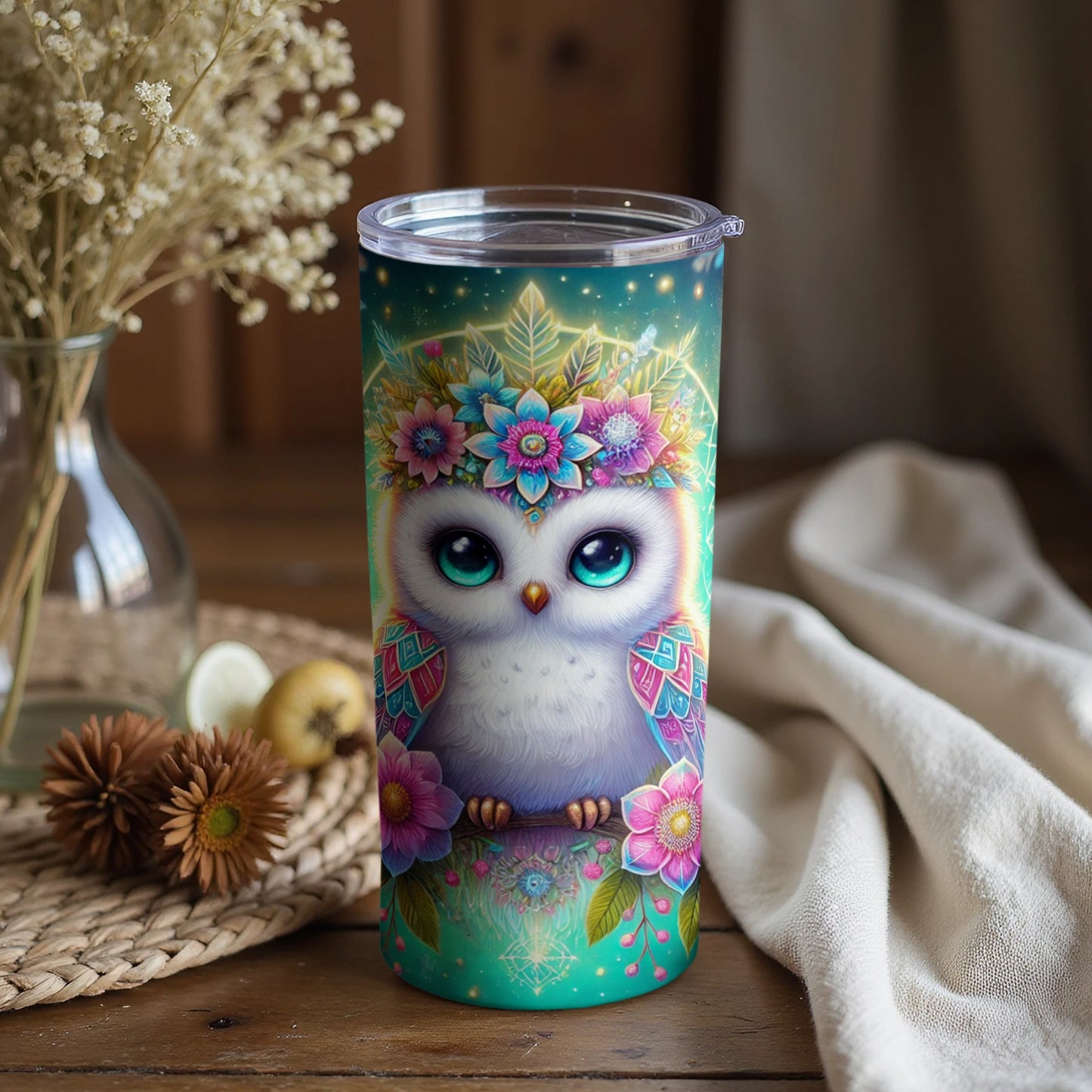 Cute Owl with Flowers and Blue Eyes Tumbler