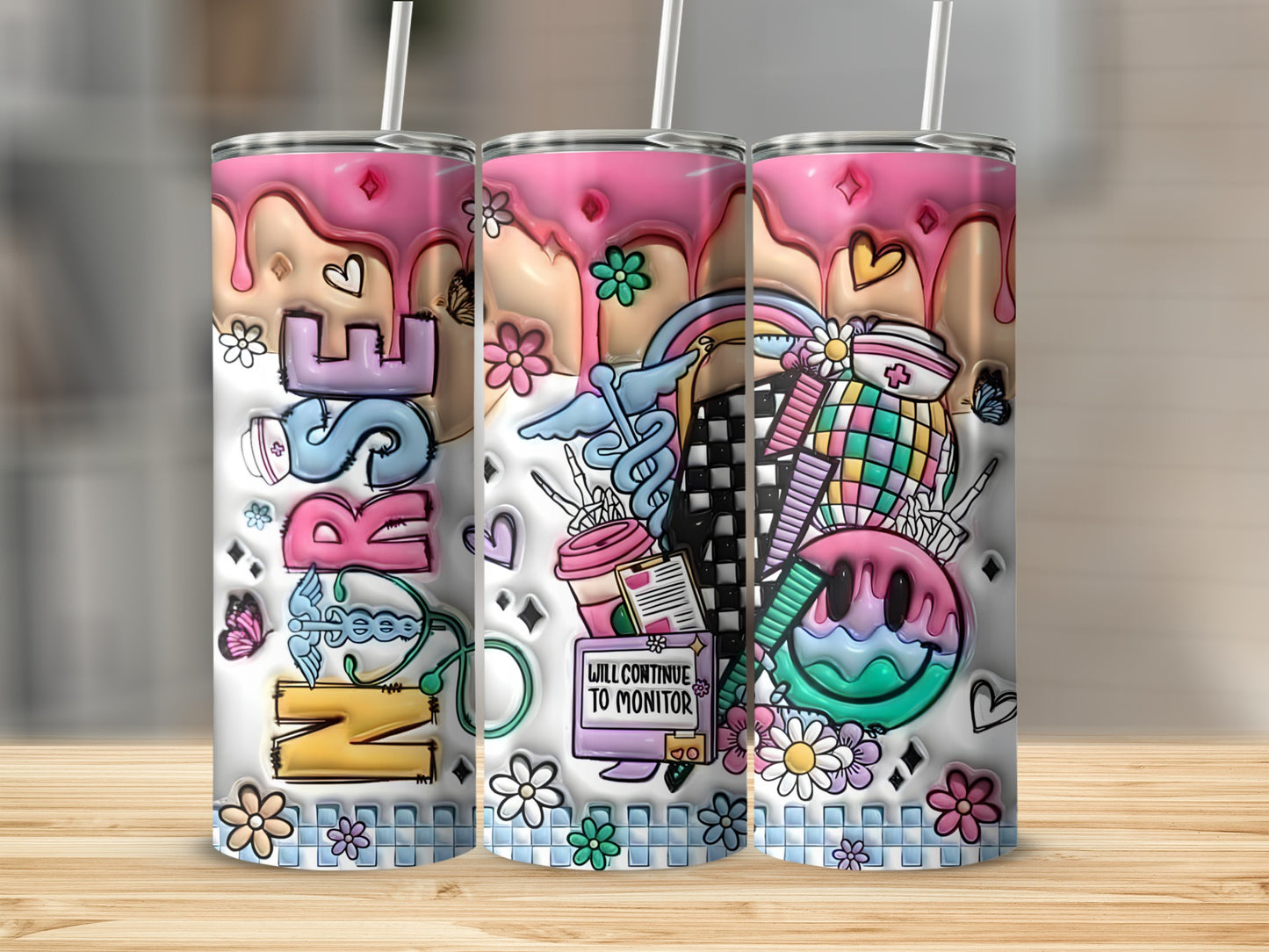 Nurse tumbler with medical icons, rainbow, and smiley face designs.