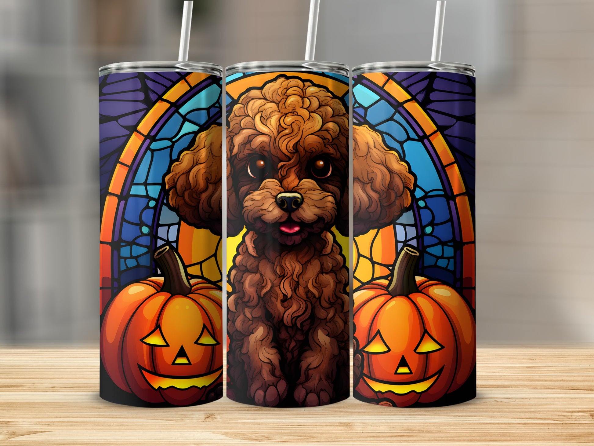 Three tumblers featuring a brown poodle, stained glass, and jack-o'-lanterns.