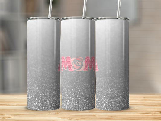 Three silver glitter tumblers with "Mom" in pink text and rose design.