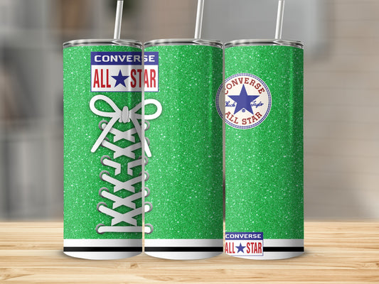 Green glitter Converse All-Star tumbler with white laces and straws.