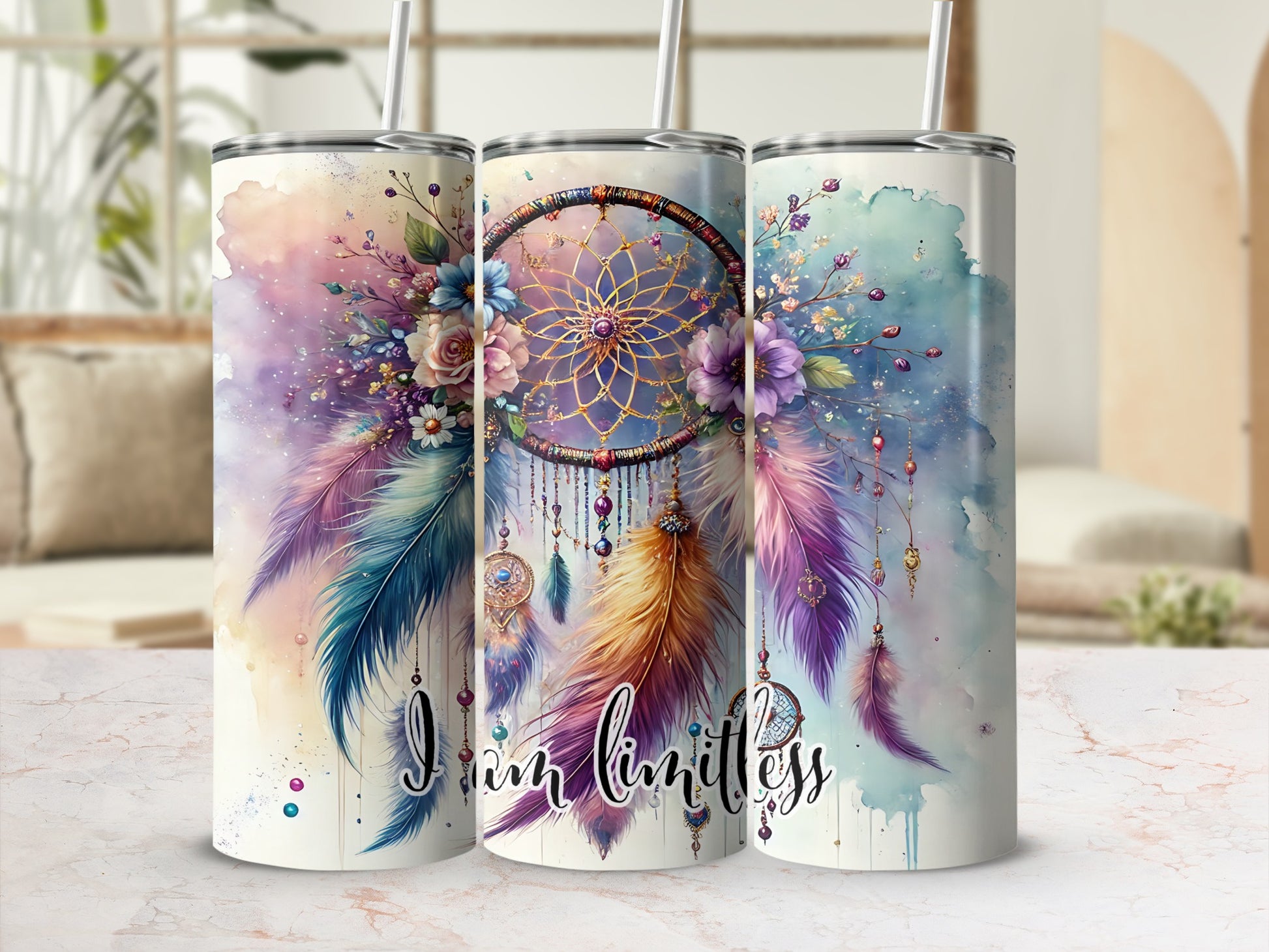 Dreamcatcher and Floral Design Tumbler with Straw Set