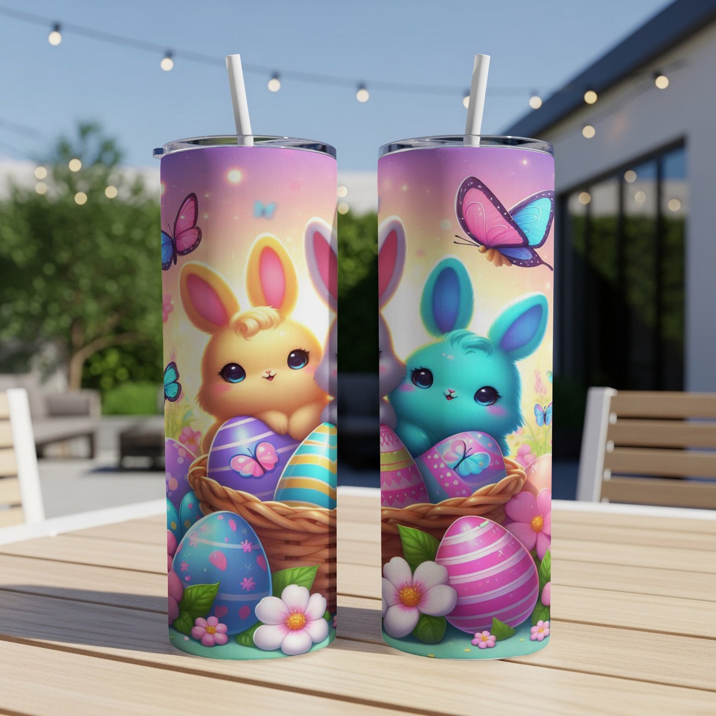 Easter bunnies in baskets with colorful eggs and butterflies on a tumbler.