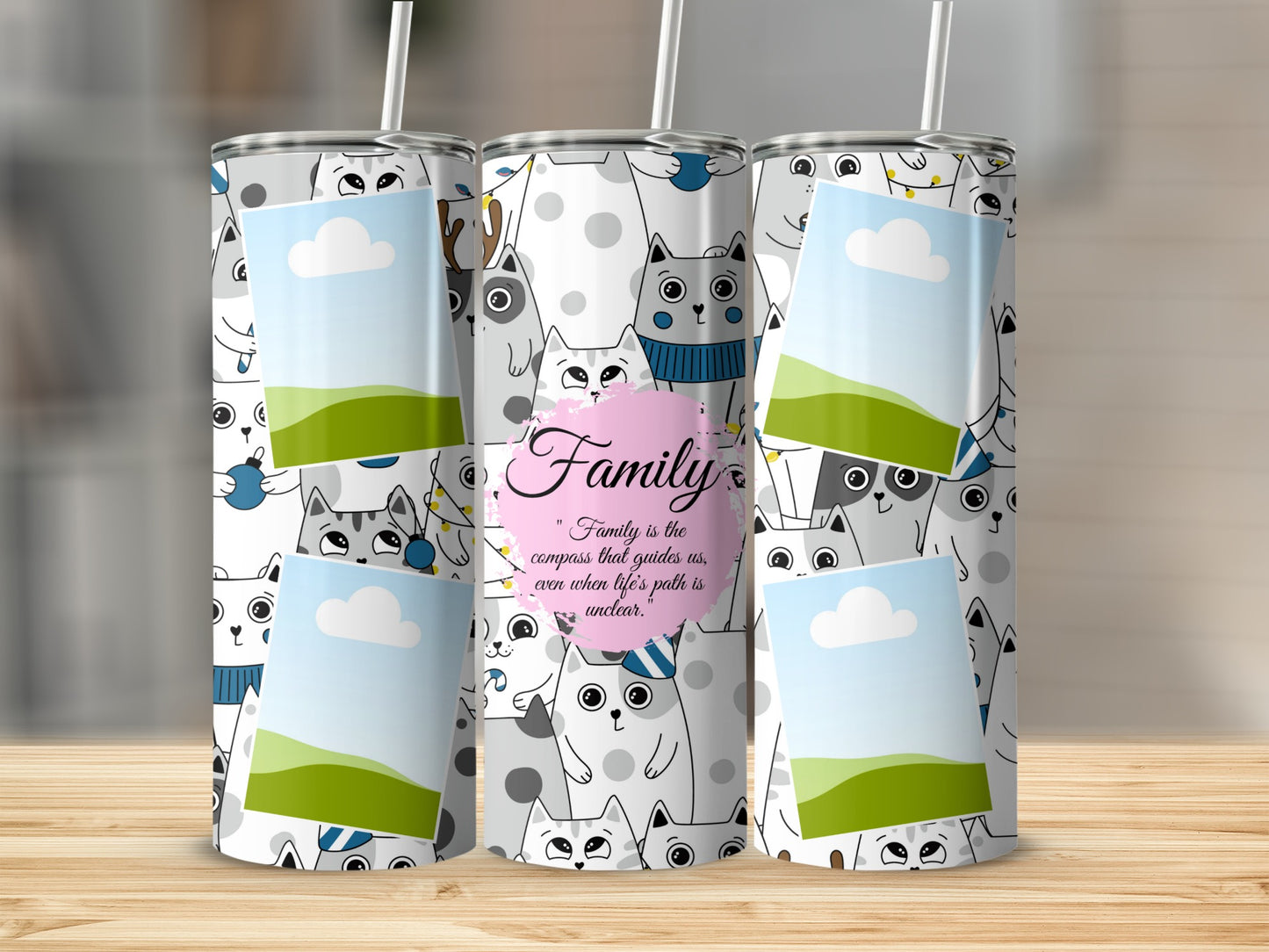 Tumbler with cat pattern, picture frames, and "Family" quote.